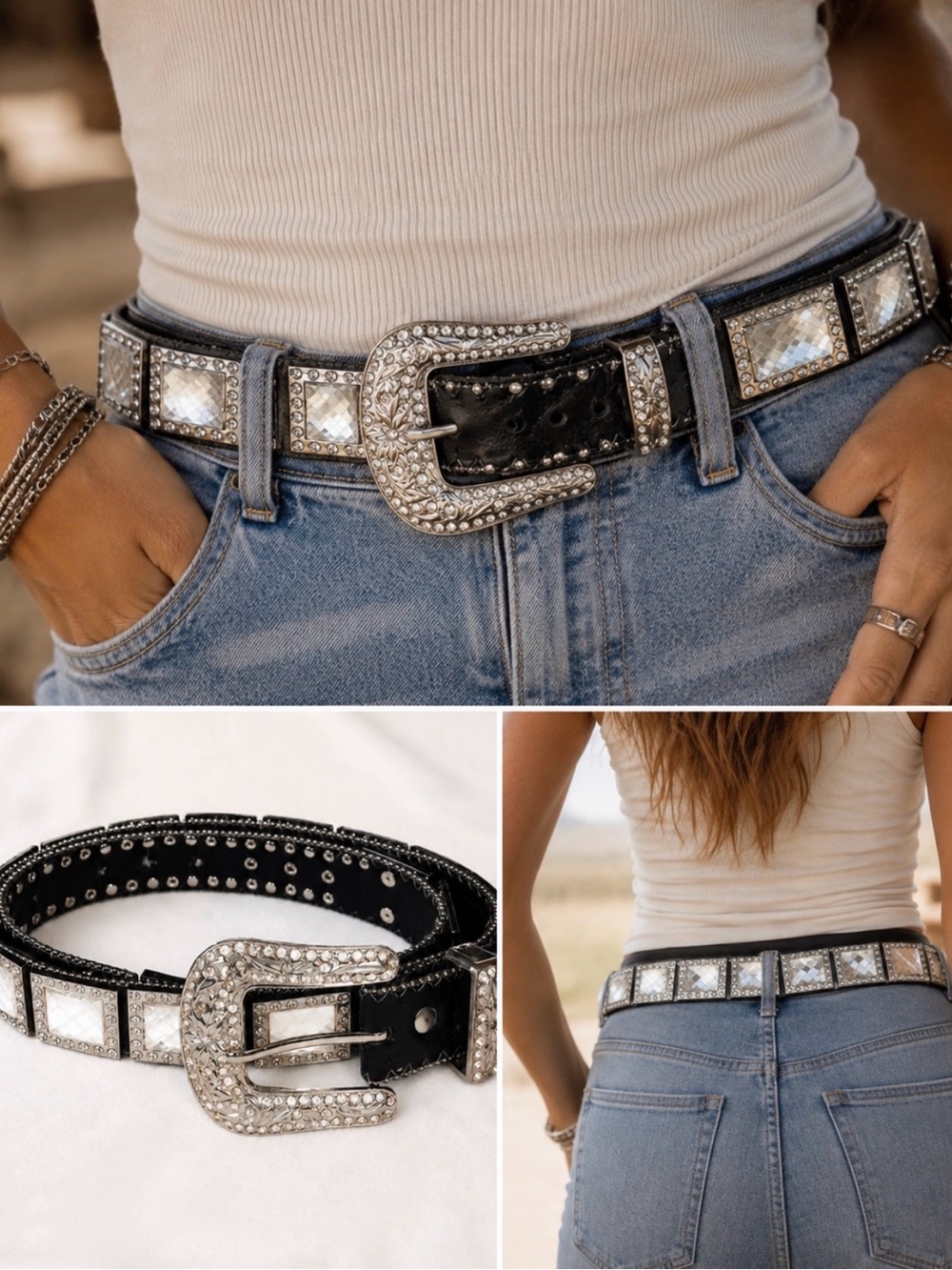 Western Rhinestone Bling Belt Black Leather Crystal Studded Cowboy Rodeo Size M
